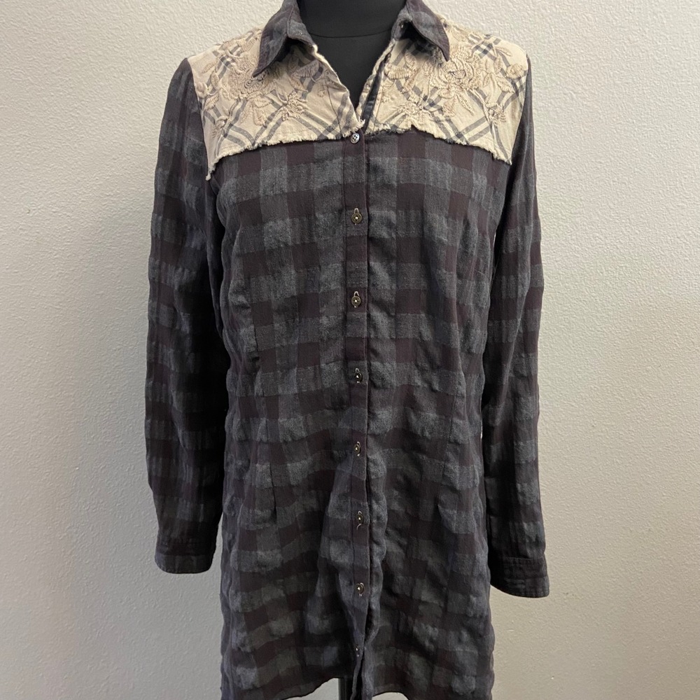 Johnny Was 3J‎ Workshop Small Gray Plaid Button Down Tunic Top Embroidered Boho